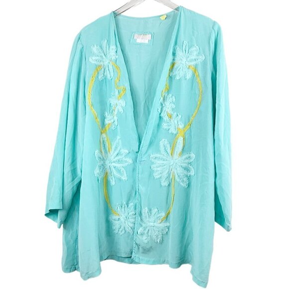 Vintage V Sierra Mejico 100% Pure Silk Open Floral Applique Teal Cover Size L - Picture 1 of 6